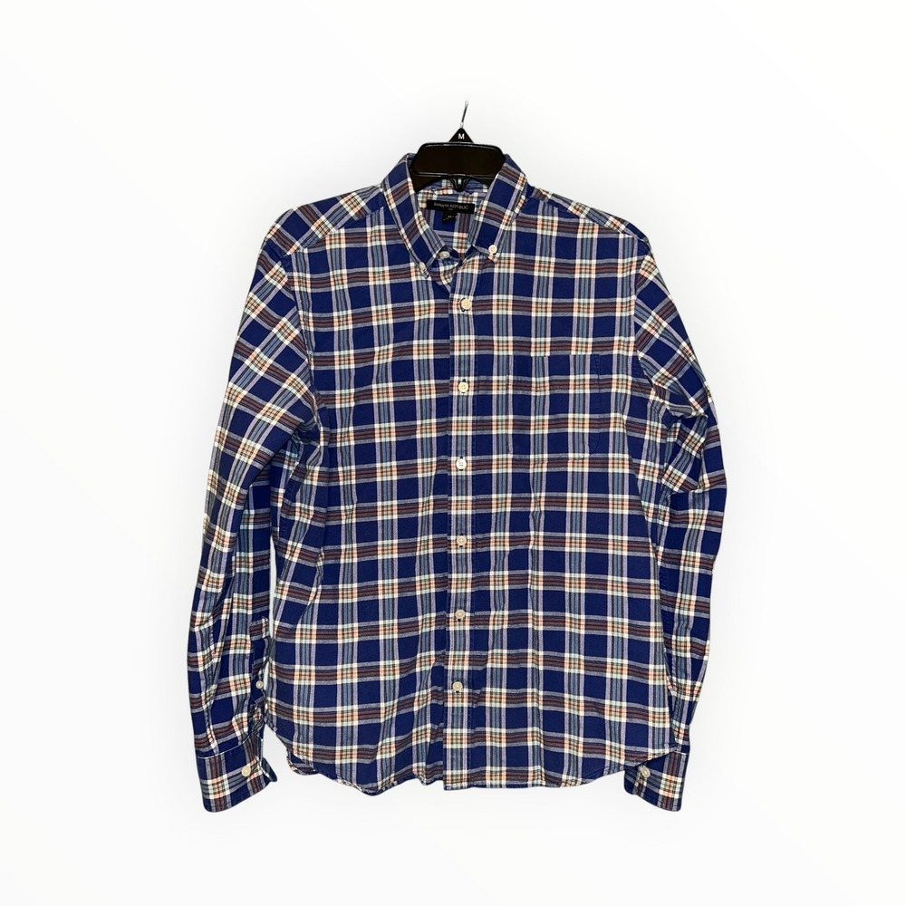 Banana Republic Mens Blue Plaid Cotton Button Down Shirt Medium Long Sleeve